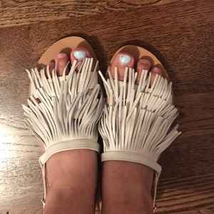 White fringe Sandles with ankle strap.